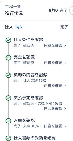 CARACTの実画面。車両の工程一覧と、仕入れの進捗